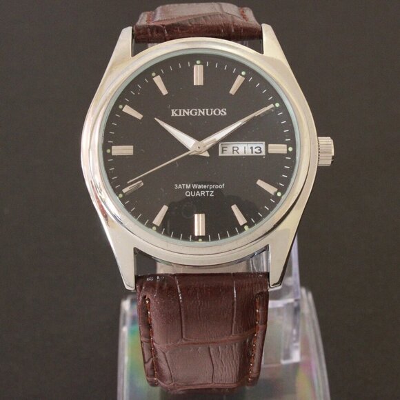 Men's Contemporary Dress Watch Silver Case Brown Leather Watch Strap 40mm - Picture 3 of 12